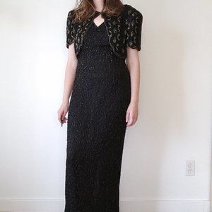 Vintage Vanessa Stevens black beaded silk maxi dress